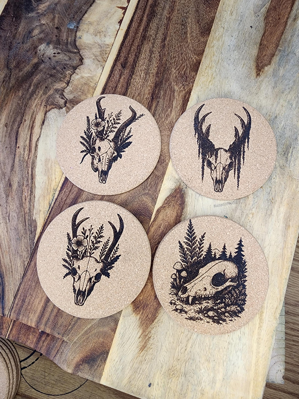 Burned cork coasters- Skull Art and unhinged humor, Set of 4