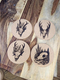 Burned cork coasters- Skull Art and unhinged humor, Set of 4