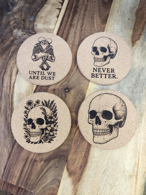 Burned cork coasters- Skull Art and unhinged humor, Set of 4