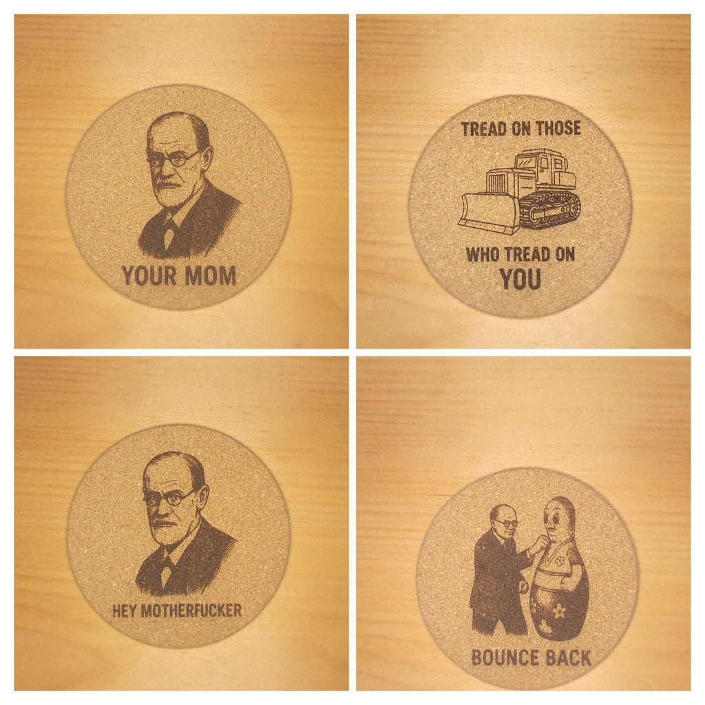 Burned cork coasters- Skull Art and unhinged humor, Set of 4