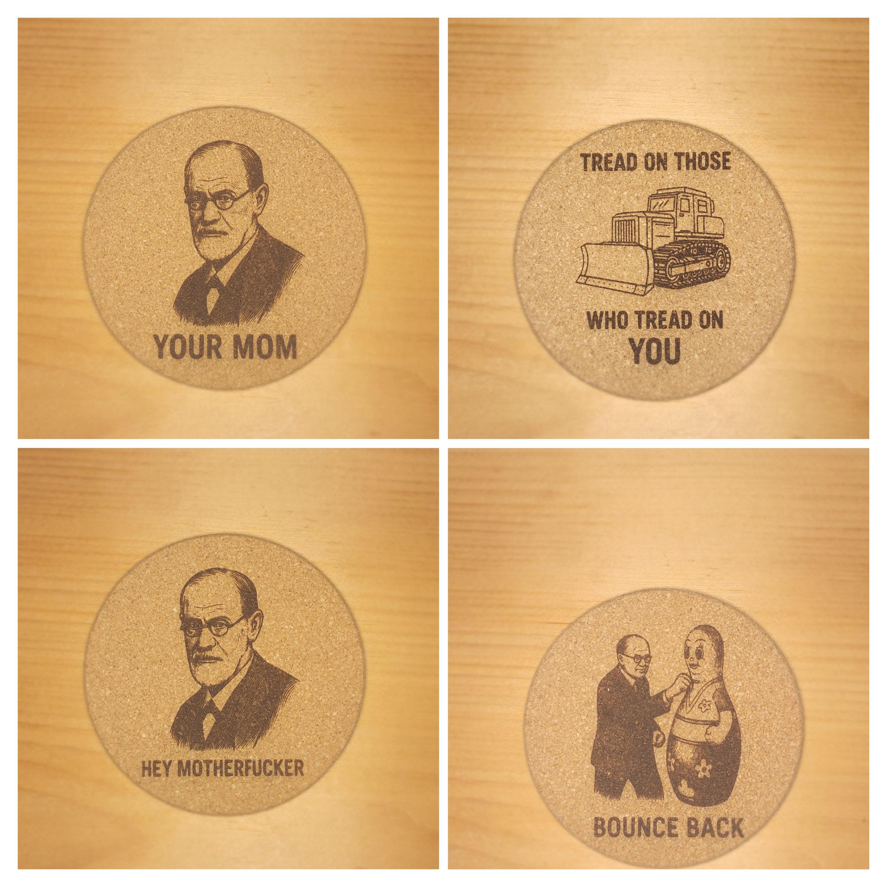 Burned cork coasters- Skull Art and unhinged humor, Set of 4
