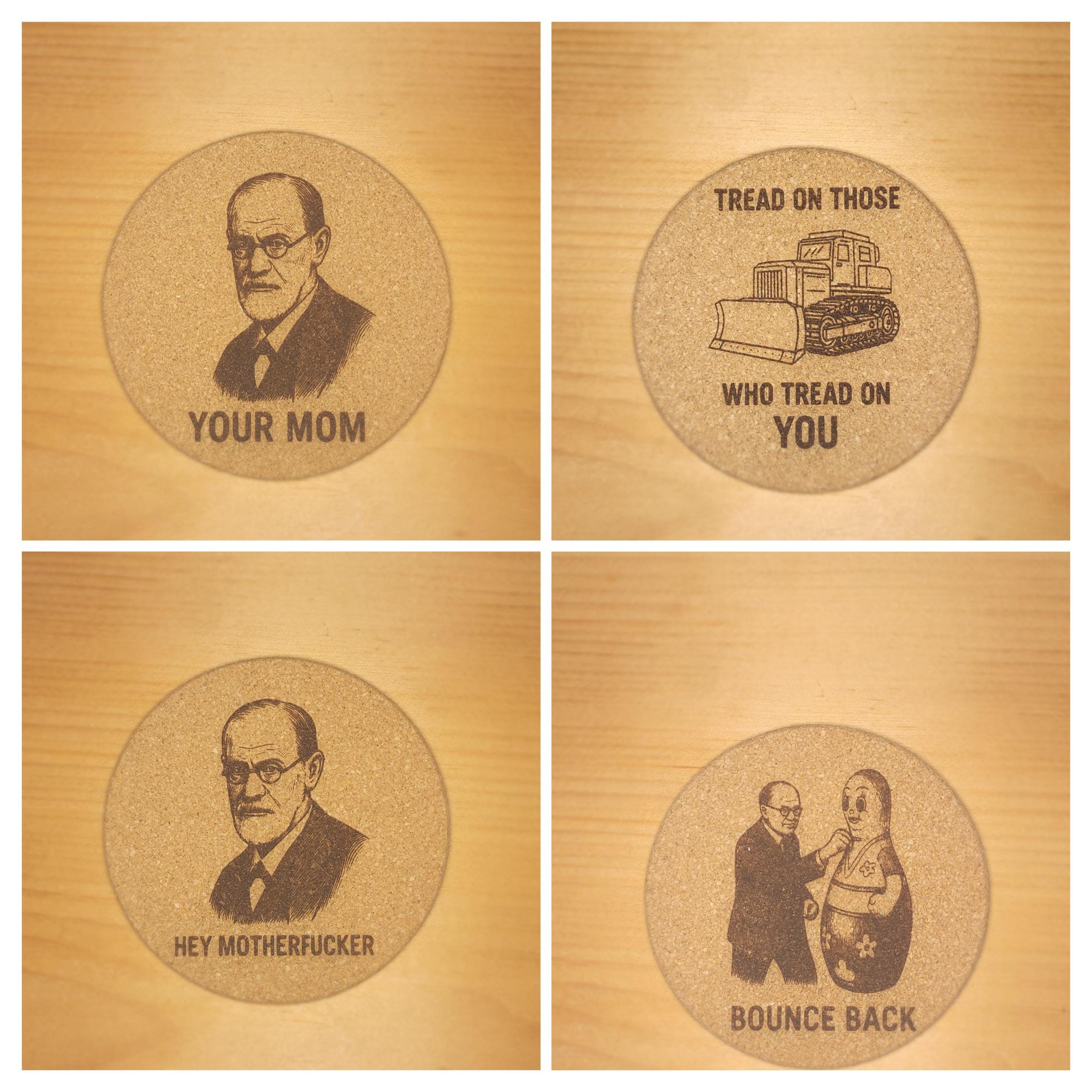 Burned cork coasters- Skull Art and unhinged humor, Set of 4