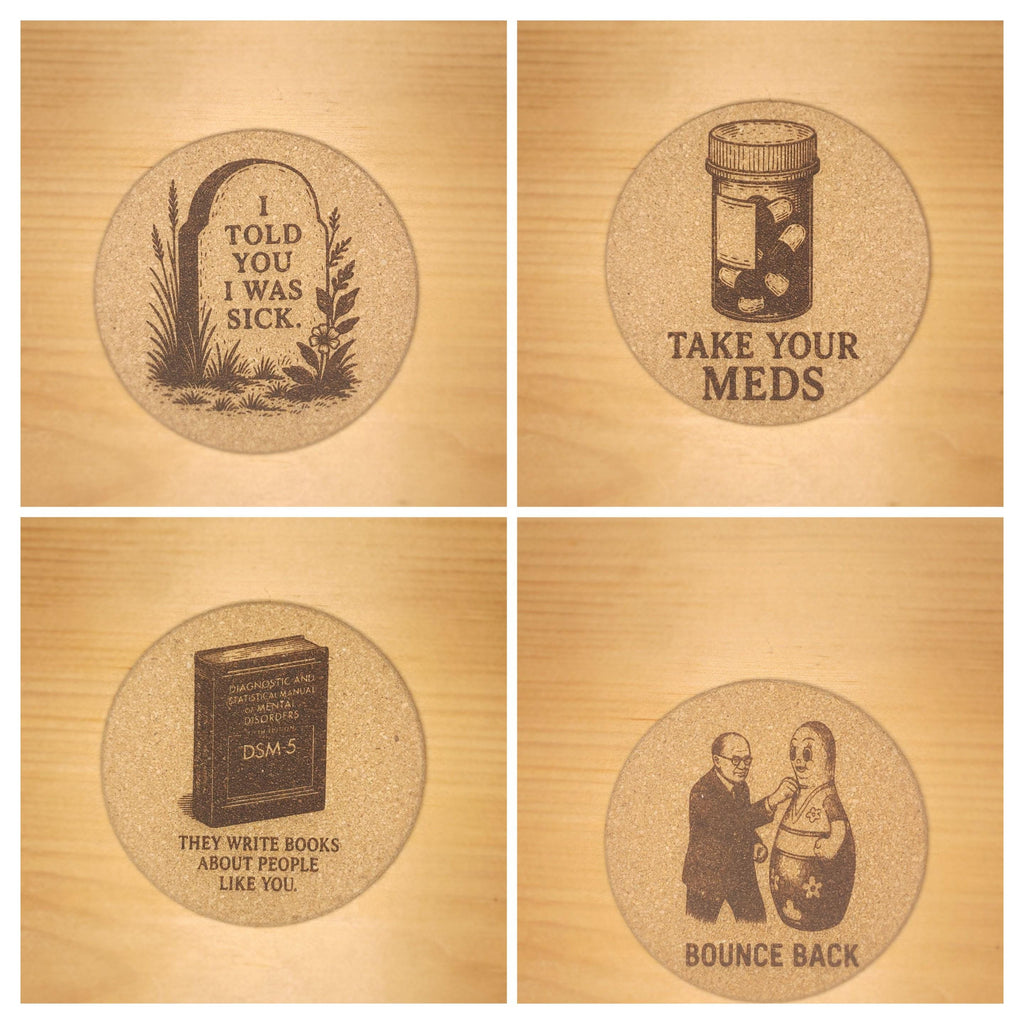 Burned cork coasters- Skull Art and unhinged humor, Set of 4
