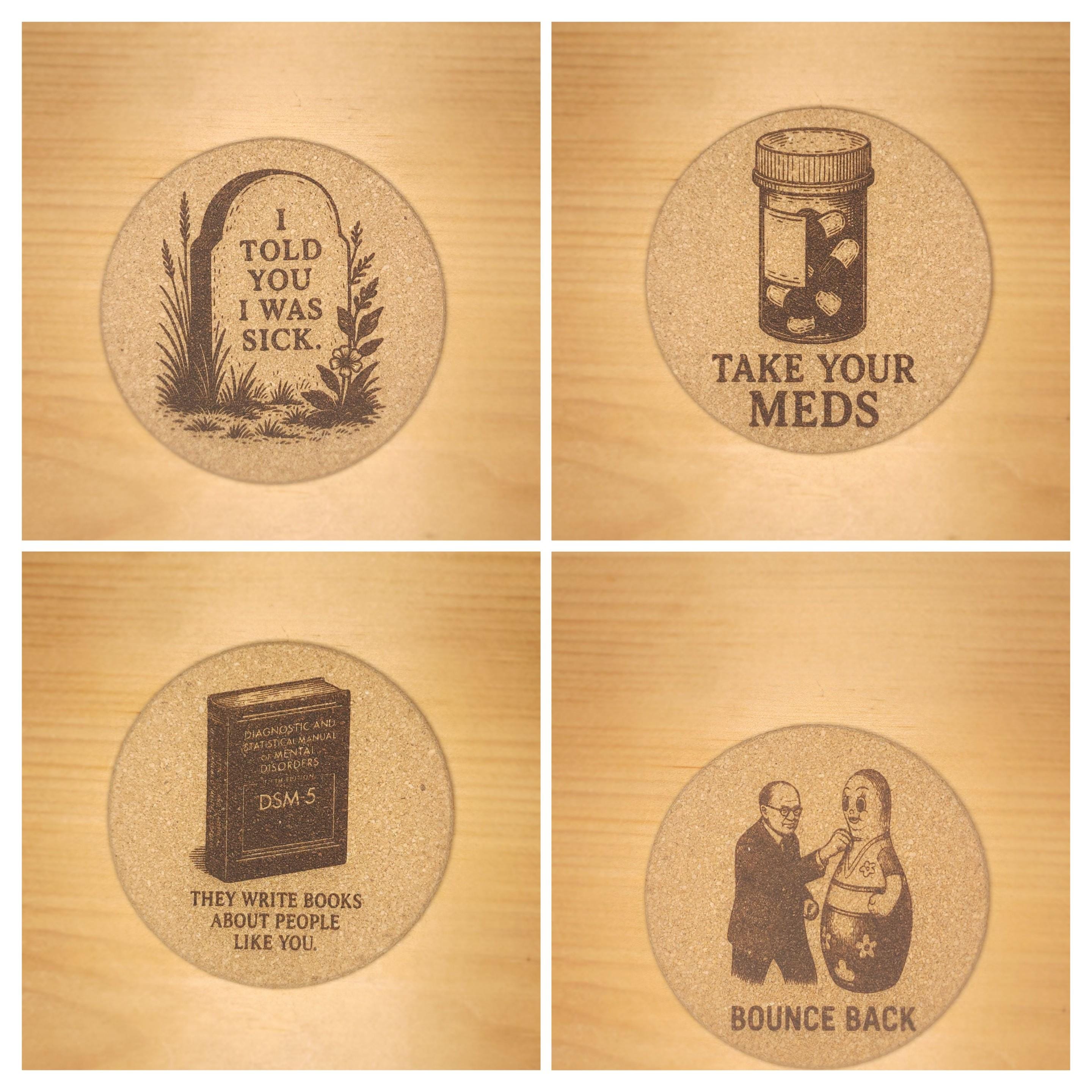 Burned cork coasters- Skull Art and unhinged humor, Set of 4