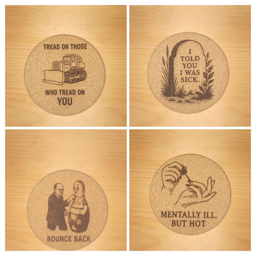 Burned cork coasters- Skull Art and unhinged humor, Set of 4