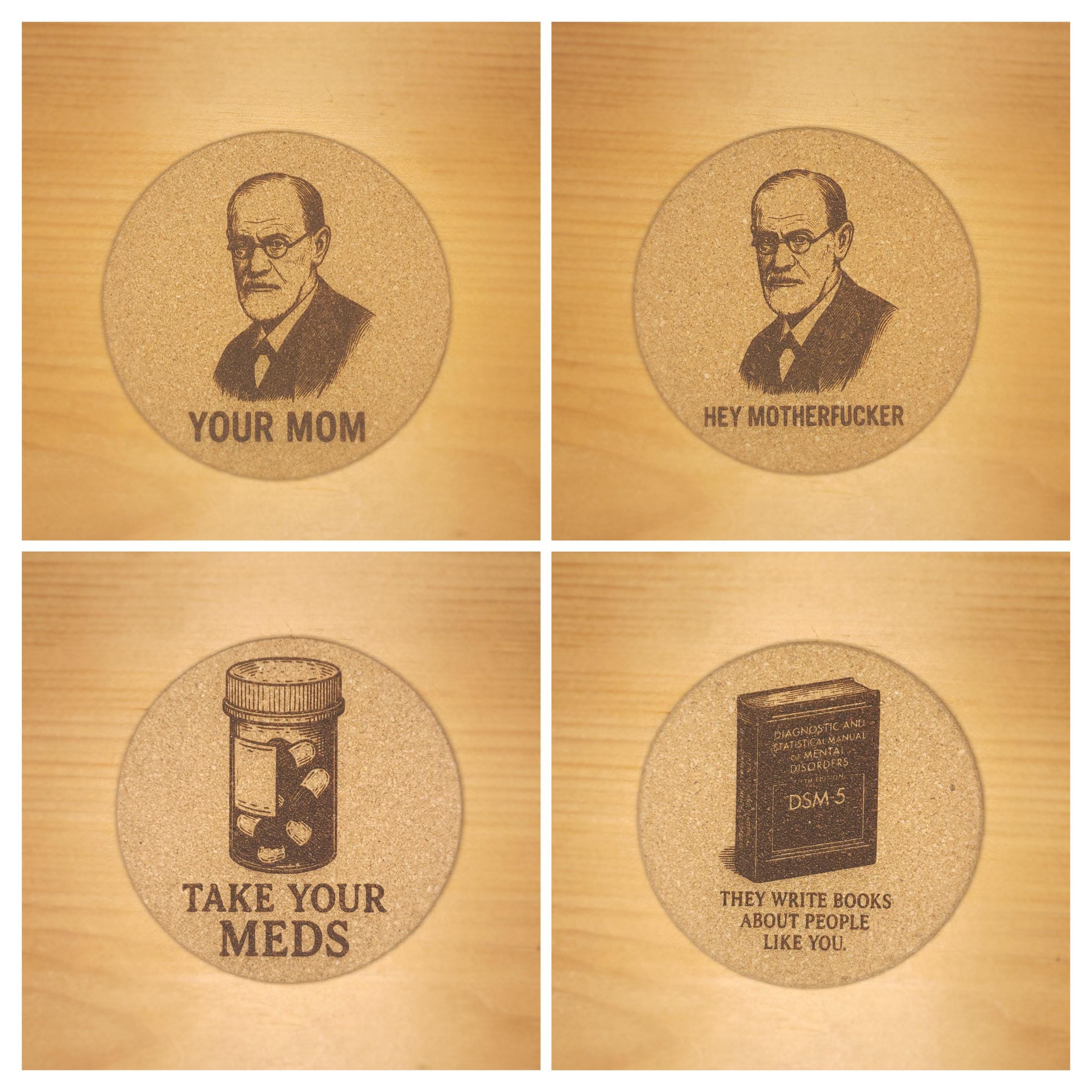 Burned cork coasters- Skull Art and unhinged humor, Set of 4